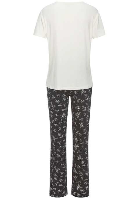 Bild: Pyjama von Vivance Dreams: Pyjama von Lascana. Unifarbenes T-Shirt mit Spitzenbesatz am V-Ausschnitt. Lange Hose mit floralem Alloverprint, elastischem Tunnelzugbund, seitlichen Eingrifftaschen. Trageangenehme Viskosequalität.