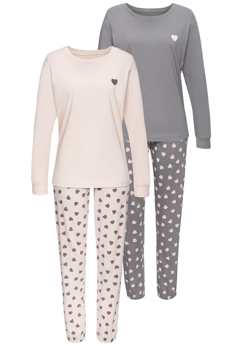 Bild: Pyjama von Vivance Dreams: Langer Pyjama im DP von Vivance Dreams. Longsleeve mit Rundhalsausschnitt und kleinem Print auf der Brust. Lange Hose mit Allover-Herzmuster. Seitliche Eingrifftaschen. Elastischer Bund mit Bindeband. Trageangenehme Baumwollqualität.