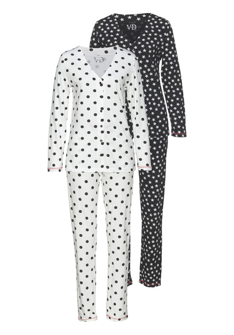 VIVANCE DREAMS Damen Pyjama weiß-schwarz-gepunktet, schwarz-weiß-gemustert Gr.32/34