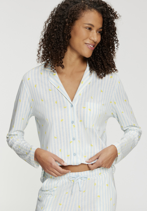 Bild: Pyjamaoberteil von Vivance Dreams: Pyjamaoberteil von Vivance Dreams mit süßem Streifen- und Früchtedruck. Reverskragen, V-Ausschnitt und durchgehende Knopfleiste. Aufgesetzte Tasche vorn. Bequeme Jerseyqualität.