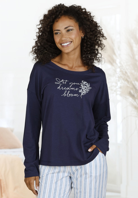Bild: Pyjamaoberteil von Vivance Dreams: Schlafshirt mit Print vorn von Vivance Dreams. Mit Rundhalsausschnitt, überschnittenen Schultern und langen Ärmeln. Trageangenehme Baumwoll-Jerseyware.