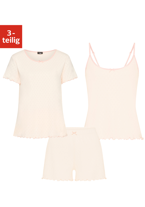 Bild: Shorty von Vivance Dreams: 3-teiliger Shorty von Vivance Dreams mit Ajour-Muster. Kurzarmshirt und Trägertop jeweils mit Zierschleife am Rundhalsausschnitt. Shorts mit Zierschleife am elastischen Bund. Mit süßen Babylocksäumen in Kontrastfarbe. Weiche, trageangenehme Qualität aus reiner Baumwolle.