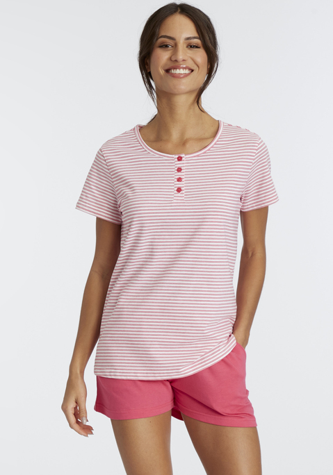 Bild: Shorty von Vivance Dreams: Gestreiftes T-Shirt mit Rundhalsausschnitt und kurzer Knopfleiste. Shorts mit seitlichen Eingriffstaschen und Tunnelzugbund. Angenehme Qualität aus 100% Baumwolle.