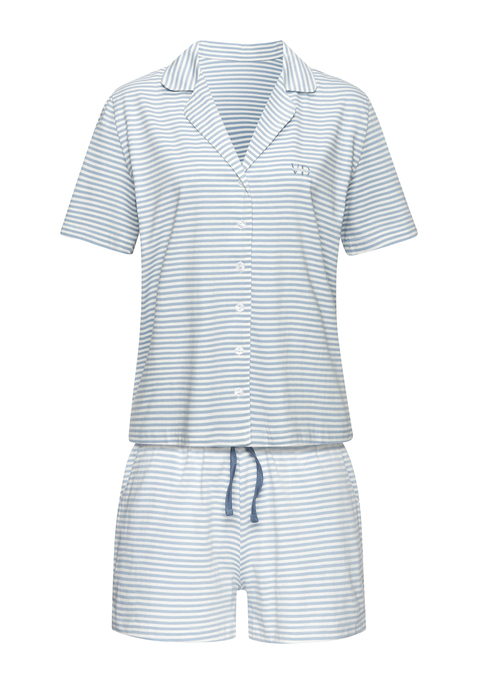 Bild: Shorty von Vivance Dreams: Shorty von Vivance Dreams mit Querstreifen. Kurzärmeliges Oberteil mit Reverskragen, durchgehender Knopfleiste und kleiner Logostickerei auf der Brust. Die Shorts mit elastischem Tunnelzugbund . Weiter Schnitt. Trageangenehme Qualität.