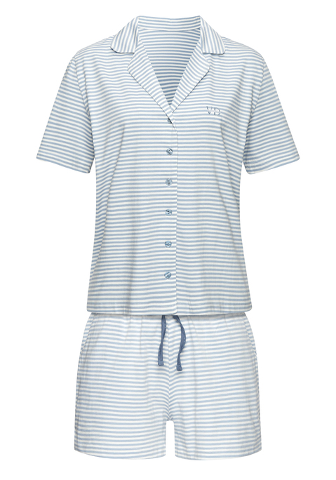 Bild: Shorty von Vivance Dreams: Shorty von Vivance Dreams mit Querstreifen. Kurzärmeliges Oberteil mit Reverskragen, durchgehender Knopfleiste und kleiner Logostickerei auf der Brust. Die Shorts mit elastischem Tunnelzugbund . Weiter Schnitt. Trageangenehme Qualität.