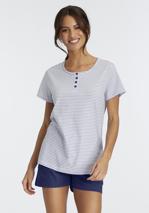 Bild: Shorty von Vivance Dreams: Gestreiftes T-Shirt mit Rundhalsausschnitt und kurzer Knopfleiste. Shorts mit seitlichen Eingriffstaschen und Tunnelzugbund. Angenehme Qualität aus 100% Baumwolle.