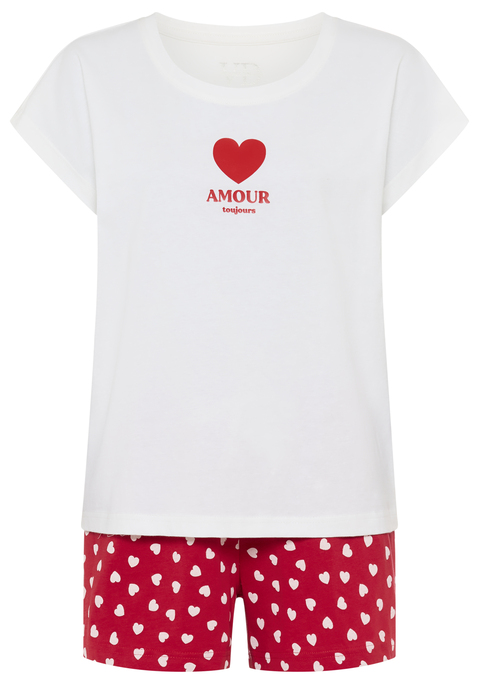Bild: Shorty von Vivance Dreams: Shorty von Vivence Dreams. T-Shirt mit angeschnittenem kurzen Ärmel. Herz-Motiv auf der Vorderseite. Kurze Hose mit Herz-Alloverprint, elastischem Bund und Bindeband. Single Jersey aus reiner Baumwolle.