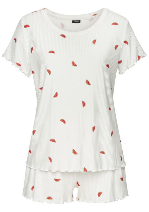 Bild: Shorty von Vivance Dreams: Süßer Shorty von Vivance Dreams mit Frucht-Alloverprint. Gerippte Qualität. Babylocknähte. Kurzärmeliges Oberteil mit Rundhalsausschnitt. Shorts mit Elastikbund. Weicher Ripp aus Viskose.