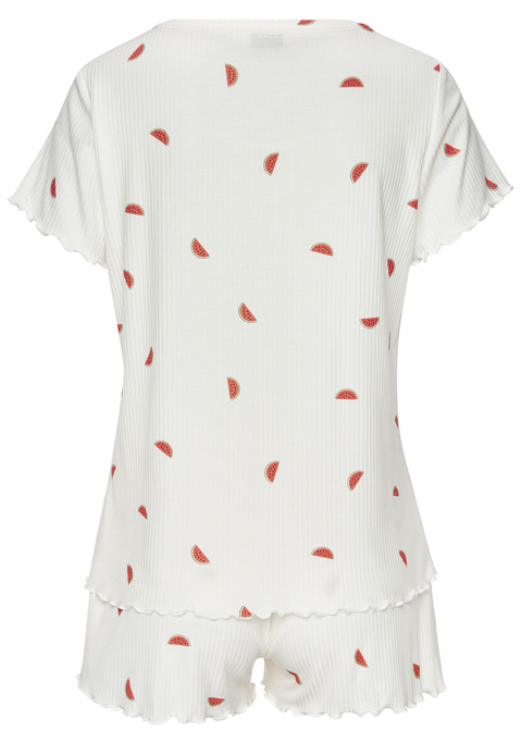 Bild: Shorty von Vivance Dreams: Süßer Shorty von Vivance Dreams mit Frucht-Alloverprint. Gerippte Qualität. Babylocknähte. Kurzärmeliges Oberteil mit Rundhalsausschnitt. Shorts mit Elastikbund. Weicher Ripp aus Viskose.