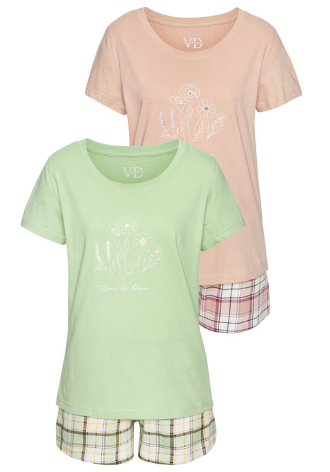 Bild: Shorty von Vivance Dreams: Schöner Karo-Pyjama von Vivance Dreams im 2er-Pack. Unifarbenes T-Shirt mit Print vorn und Rundhalsausschnitt mit Rippbündchen. Karierte Shorts mit elastischem Tunnelzugbund . Weiche Baumwollqualität.