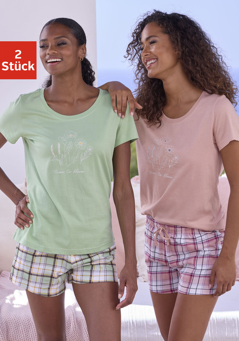 Bild: Shorty von Vivance Dreams: Schöner Karo-Pyjama von Vivance Dreams im 2er-Pack. Unifarbenes T-Shirt mit Print vorn und Rundhalsausschnitt mit Rippbündchen. Karierte Shorts mit elastischem Tunnelzugbund . Weiche Baumwollqualität.