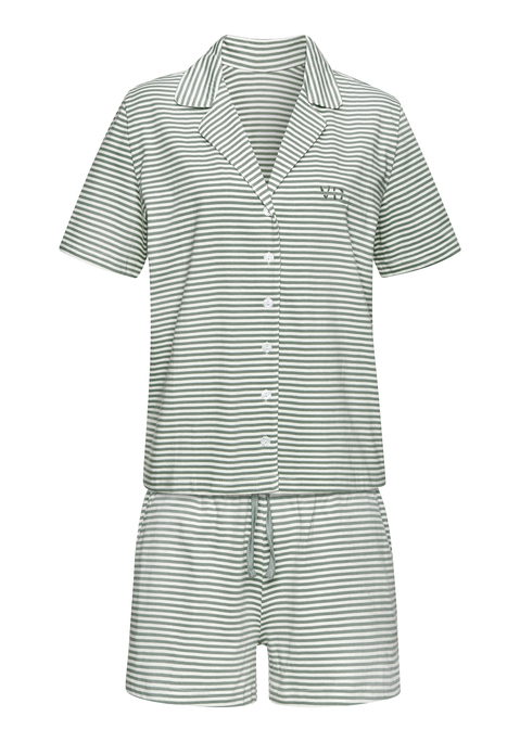 Bild: Shorty von Vivance Dreams: Shorty von Vivance Dreams mit Querstreifen. Kurzärmeliges Oberteil mit Reverskragen, durchgehender Knopfleiste und kleiner Logostickerei auf der Brust. Die Shorts mit elastischem Tunnelzugbund . Weiter Schnitt. Trageangenehme Qualität.