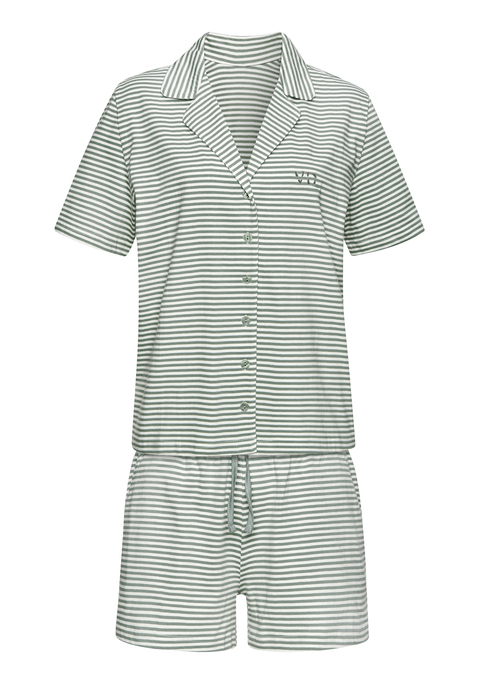 Bild: Shorty von Vivance Dreams: Shorty von Vivance Dreams mit Querstreifen. Kurzärmeliges Oberteil mit Reverskragen, durchgehender Knopfleiste und kleiner Logostickerei auf der Brust. Die Shorts mit elastischem Tunnelzugbund . Weiter Schnitt. Trageangenehme Qualität.