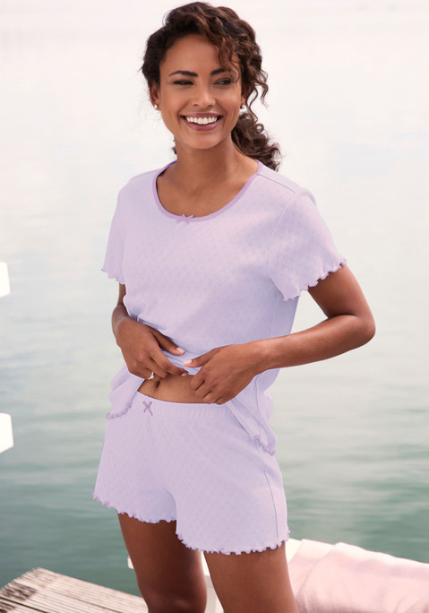 Bild: Shorty von Vivance Dreams: 3-teiliger Shorty von Vivance Dreams mit Ajour-Muster. Kurzarmshirt und Trägertop jeweils mit Zierschleife am Rundhalsausschnitt. Shorts mit Zierschleife am elastischen Bund. Mit süßen Babylocksäumen in Kontrastfarbe. Weiche, trageangenehme Qualität aus reiner Baumwolle.