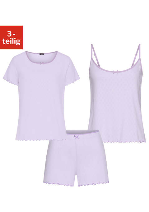 Bild: Shorty von Vivance Dreams: 3-teiliger Shorty von Vivance Dreams mit Ajour-Muster. Kurzarmshirt und Trägertop jeweils mit Zierschleife am Rundhalsausschnitt. Shorts mit Zierschleife am elastischen Bund. Mit süßen Babylocksäumen in Kontrastfarbe. Weiche, trageangenehme Qualität aus reiner Baumwolle.