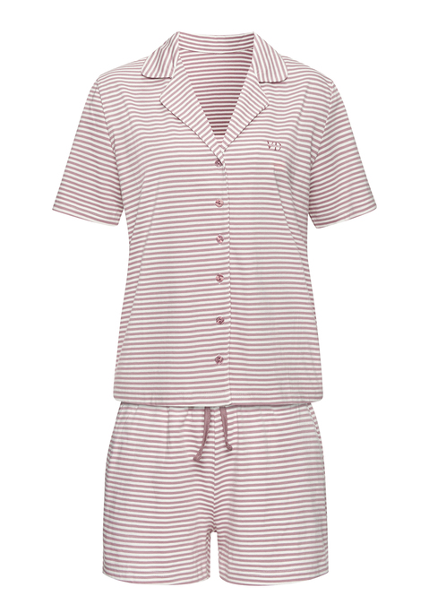 Bild: Shorty von Vivance Dreams: Shorty von Vivance Dreams mit Querstreifen. Kurzärmeliges Oberteil mit Reverskragen, durchgehender Knopfleiste und kleiner Logostickerei auf der Brust. Die Shorts mit elastischem Tunnelzugbund . Weiter Schnitt. Trageangenehme Qualität.