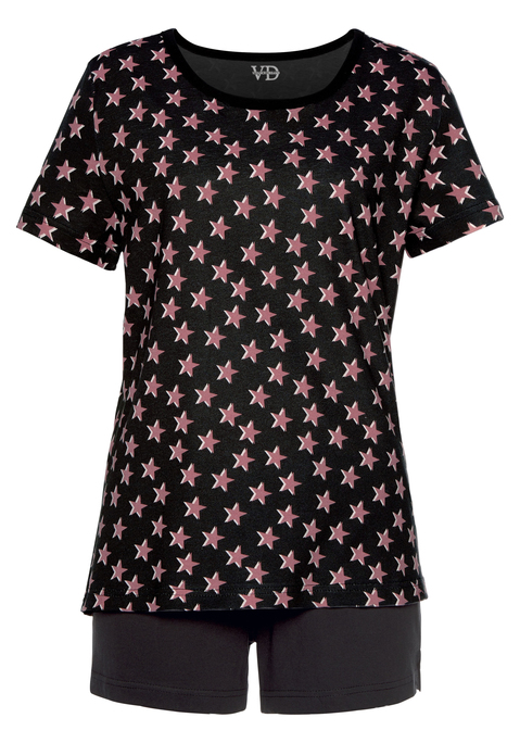 Bild: Shorty von Vivance Dreams: Shorty von Vivance Dreams . Kurze Hose mit Sternenprint, elastischem Tunnelzugbund und kurzen Saumschlitzen. T-Shirt mit V-Schlitz am Rundhalsausschnitt. Bequeme Passform. Weiche Qualität aus 100% Baumwolle.