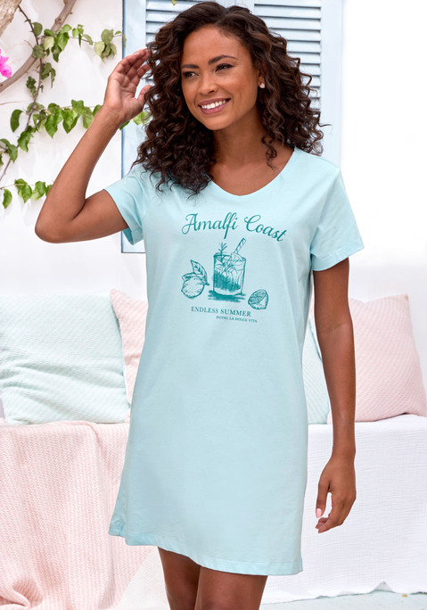 Bild: Sleepshirt von Vivance Dreams: Bigshirt von Vivance Dreams. Motivprint vorn. Mit kurzen Ärmeln und Rundhalsausschnitt. Single Jersey in trageangenehmer Baumwollqualität.