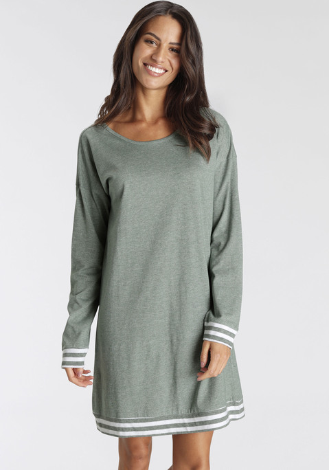 Bild: Sleepshirt von Vivance Dreams: Kurzes Nachthemd von Vivance Dreams in Melange-Optik. Gestreifte Saumbündchen, weiter Rundhalsausschnitt. Überschnittene Schultern und lange Ärmel. Bequeme Passform. Pflegeleichter, weicher Single-Jersey aus 50% Baumwolle, 50% Polyester.