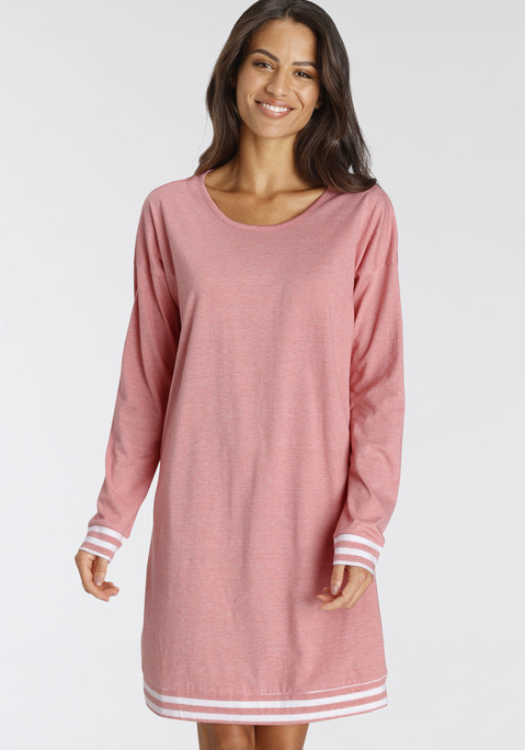 Bild: Sleepshirt von Vivance Dreams: Kurzes Nachthemd von Vivance Dreams in Melange-Optik. Gestreifte Saumbündchen, weiter Rundhalsausschnitt. Überschnittene Schultern und lange Ärmel. Bequeme Passform. Pflegeleichter, weicher Single-Jersey aus 50% Baumwolle, 50% Polyester.