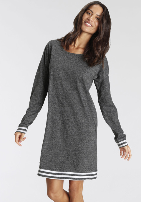 Bild: Sleepshirt von Vivance Dreams: Kurzes Nachthemd von Vivance Dreams in Melange-Optik. Gestreifte Saumbündchen, weiter Rundhalsausschnitt. Überschnittene Schultern und lange Ärmel. Bequeme Passform. Pflegeleichter, weicher Single-Jersey aus 50% Baumwolle, 50% Polyester.