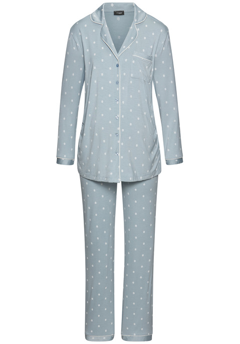 Bild: Umstandspyjama von Vivance Dreams: Klassischer Pyjama von Vivance Dreams mit Allovermuster. Pyjamaoberteil mit Reverskragen, Brusttasche und durchgehender Knopfleiste. Kontrastfarbene Paspeln. Lange Hose mit elastischem Bund. Trageangenehme Viskosemischung.