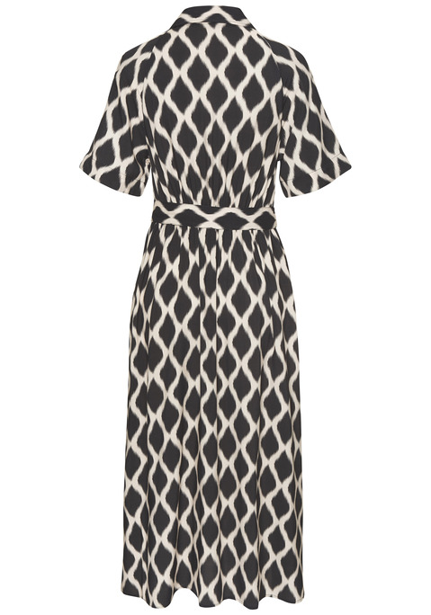 Bild: Hemdblusenkleid von Vivance: Hemdblusenkleid von Vivance mit grafischem Allovermuster. Kleiner Blusenkragen. Durchgehende Knopfleiste vorn. Kurze Raglanärmel. Breiter Bindegürtel in der Taille. Midi-Länge. Gewebte Viskose aus verbesserter Rohstoffbeschaffung.