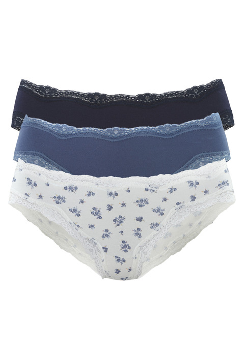 Bild: Jazz-Pants Slips von Vivance: Jazzpants von Vivance im praktischen 3er-Pack. Unifarben und mit süßem Blümchenmuster. Zarte Spitze als Saumabschluss. Weicher, elastischer Baumwolljersey.