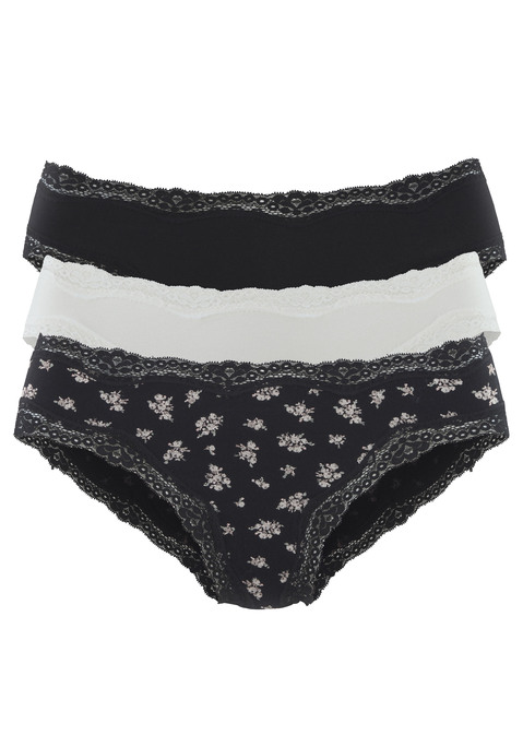 Bild: Jazz-Pants Slips von Vivance: Jazzpants von Vivance im praktischen 3er-Pack. Unifarben und mit süßem Blümchenmuster. Zarte Spitze als Saumabschluss. Weicher, elastischer Baumwolljersey.