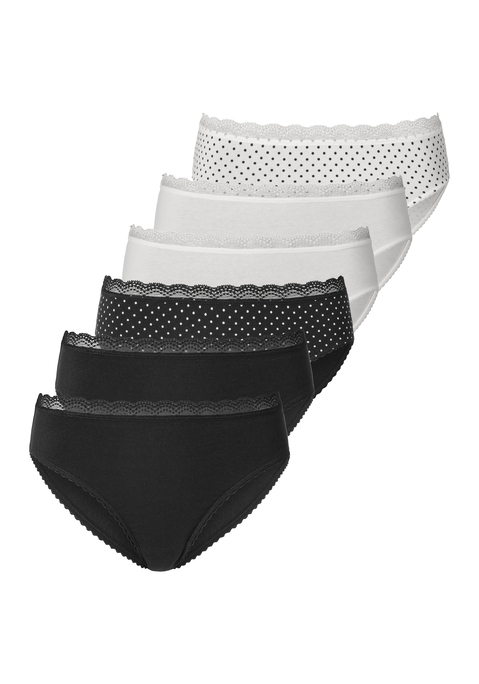 Bild: Jazz-Pants Slips von Vivance: Im praktischen 6er-Pack: unifarbene und gepunktete Jazzpants von Vivance. Hübsche Spitzenkante am Bund. Trägt sich sehr angenehm dank der weichen, elastischen Baumwollqualität.