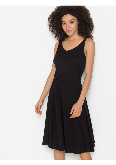 Bild: Jerseykleid von Vivance: Detailreiches Kleid von Vivance. Schöner V-Ausschnitt mit Knotendetail auf dem Träger. Gummizug in der Taille für eine tolle Silhouette. Tiefer Rückenausschnitt mit Bindeband als weitere Besonderheit. Schön für Sommertage. Jersey aus weicher Viskose.