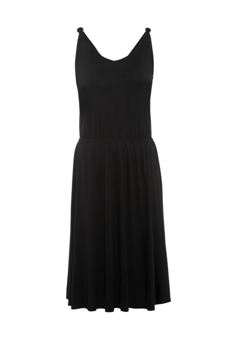 Bild: Jerseykleid von Vivance: Detailreiches Kleid von Vivance. Schöner V-Ausschnitt mit Knotendetail auf dem Träger. Gummizug in der Taille für eine tolle Silhouette. Tiefer Rückenausschnitt mit Bindeband als weitere Besonderheit. Schön für Sommertage. Jersey aus weicher Viskose.
