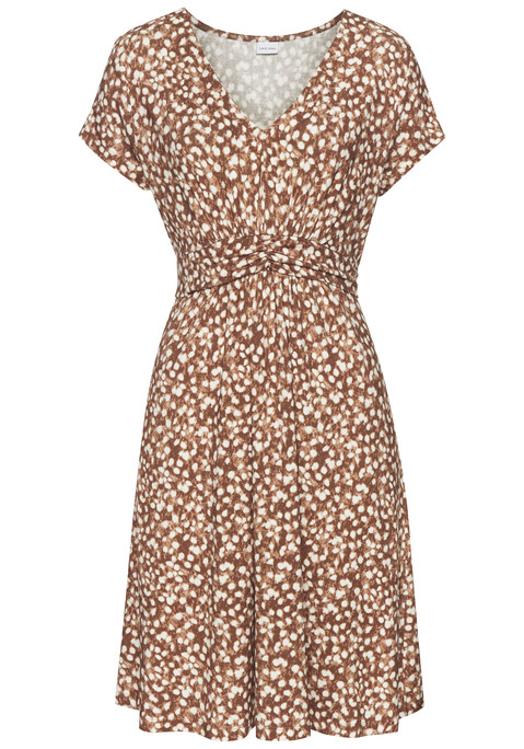 Bild: Jerseykleid von Vivance: Kleid von VIVANCE mit Alloverdruck, jedes Teil ein Unikat. Mit V-Ausschnitt. Betonte Taille mit Bindeband und Raffung. Ausgestellter Rockteil. Länge ca. 94 cm. Nachhaltige, weich fließende Qualität aus 95% Viskose, 5% Elasthan.