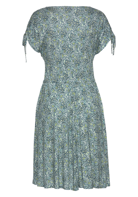 Bild: Jerseykleid von Vivance: Strandkleid von VIVANCE in kurzer Länge. Rundhalsaus- schnitt, überschnittene Schultern und kurze 
Ärmel mit Schleife. Elastischer Tunnelzug in 
der Taille. Länge ca. 92 cm. Weich fließende Qualität aus 100% Viskose.