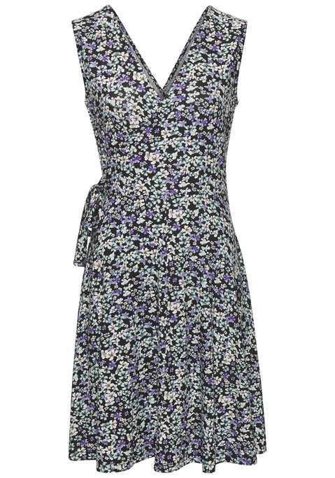 Bild: Jerseykleid von Vivance: Geblümtes Sommerkleid von Vivance in Wickeloptik. Tiefer, überlappender V-Ausschnitt vorn. Ärmellose, knielange Form mit Zierband zum Binden in der Taille. Weich fließende, elastische Viskose-Qualität.