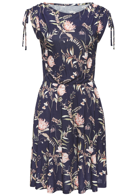 Bild: Jerseykleid von Vivance: Hübsches Sommerkleid von Vivance mit floralem Alloverprint. Regulierbare Raffung an den Ärmeln. Gummizug in der Taille. Locker sitzender Rockteil. Runder Halsausschnitt. Fließende Viskose-Qualität.