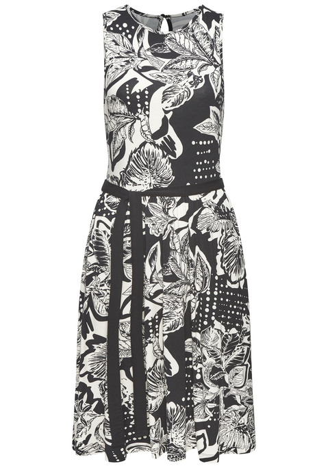 Bild: Jerseykleid von Vivance: Modisches Kleid von Vivance mit Alloverprint. Jedes Teil ein Unikat. Innen liegender Gummizug und Bindeband in der Taille. Rundhalsausschnitt. Schlitz mit Knopfverschluss hinten. Breite Träger. Elastische Jerseyware.