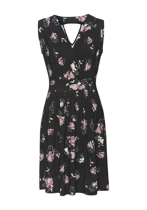 Bild: Jerseykleid von Vivance: Luftiges Kleid von Vivance mit individuell platzierterm Alloverprint. Überlappender V-Ausschnitt. Ärmelloses Design mit breiten Trägern. Taille mit schmeichelnden Raffungen. Figurumspielende Passform. Weicher, elastischer Viskosejersey.
