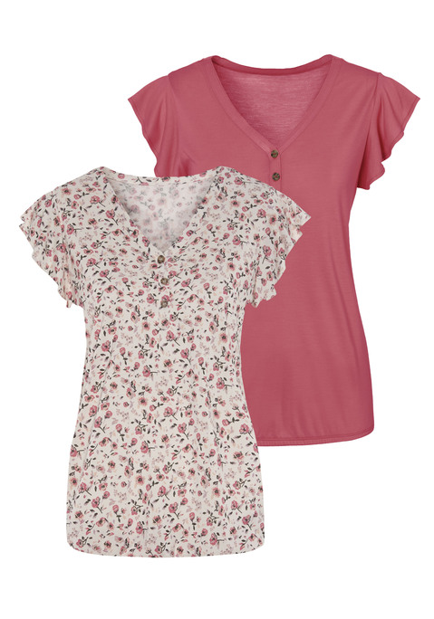 Bild: Kurzarmshirt von Vivance: Shirt im 2er-Pack von Vivance. Mit zarten Flügelärmeln. Kurze Knopfleiste mit Knöpfen in Hornoptik. Gummizug im Bund für eine lockere Passform. Aus weich fließender Qualität.