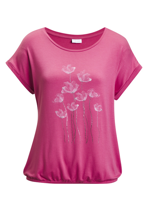 Bild: Kurzarmshirt von Vivance: Hübsches T-Shirt von Vivance. Floraler Frontprint mit schimmernden Details. Rundhalsausschnitt. Nahtlos angesetzte Krempelärmel. Bund mit Gummizug für eine lässige Passform. Schön für sommerliche Outfits. Weich fließender Viskosejersey.