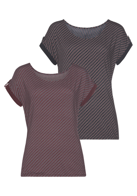 Bild: Kurzarmshirt von Vivance: Vivance Shirt im 2er-Pack. Angeschnittene Ärmel mit unifarbenen Beleg und goldfarbenen Knopf. Gummizug am Bund für eine lässige Passform. Aus weich fließender Viskose-Elasthan-Qualität.