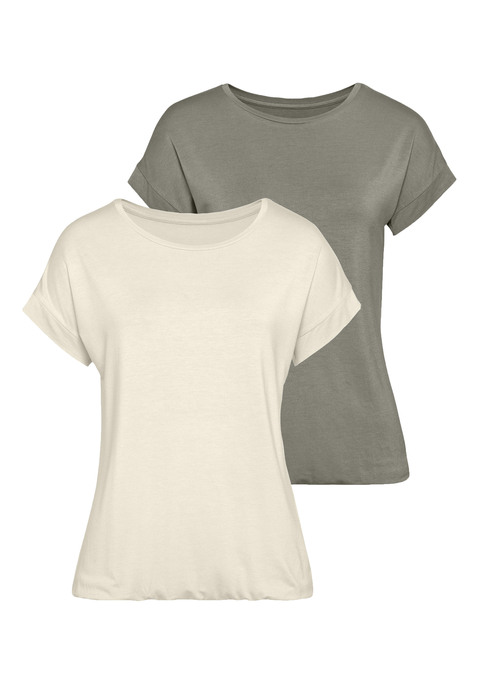 Bild: Kurzarmshirt von Vivance: Vivance T-Shirts im 2er-Pack. Mit breitem Beleg am Ärmelsaum. Gummizug am Bund für eine lässige Passform. Aus weicher Viskose-Elasthan-Qualität.