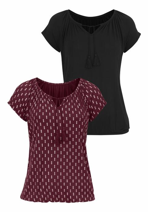 Bild: Kurzarmshirt von Vivance: Vivance Shirts im 2er Pack. Rundhalsausschnitt mit Tasseln zum Binden und zarter Raffung. Gummizug am Bund für eine lässige Passform.