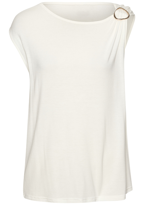 Bild: Kurzarmshirt von Vivance: Hübsches Jerseyshirt von Vivance mit glänzender Zierschnalle an einer Schulter. Rundhalsausschnitt. Kurze, angeschnittene Ärmel. Figurumspielende Passform. Weiche, elastische Jerseyware.