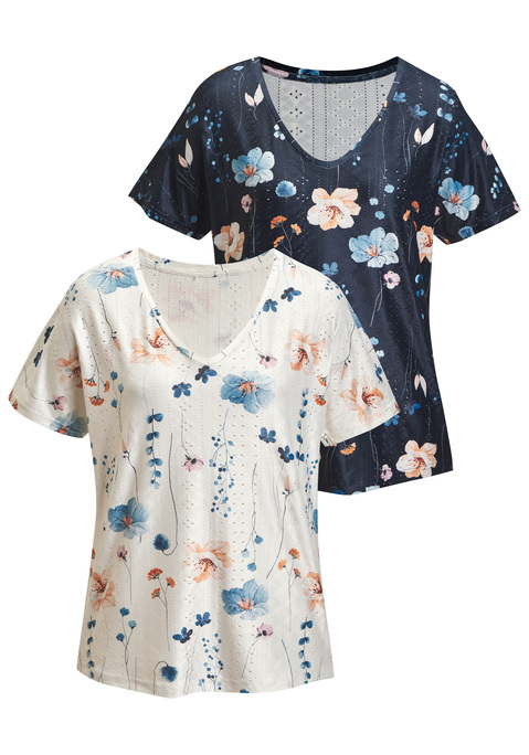 Bild: Kurzarmshirt von Vivance: Locker fallendes Kurzarmshirt von Vivance mit Allover-Blumenprint und V-Ausschnitt im praktischen 2er-Pack. Hübsche Ajourstruktur. Passt gut zu sommerlichen Looks. Angenehme Qualität mit Stretch-Anteil.