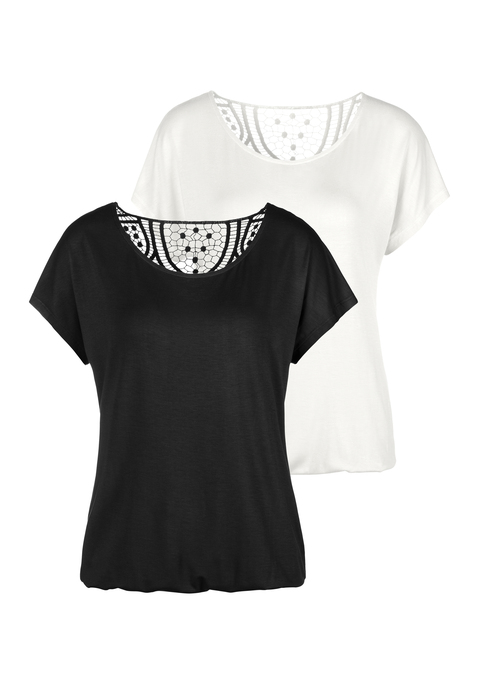 Bild: Kurzarmshirt von Vivance: Vivance T-Shirts mit weichem Häkeleinsatz am Rücken. Gummizug am Bund für eine lockere Passform. Aus elastischer Qualität mit angenehmer Viskosefaser.
