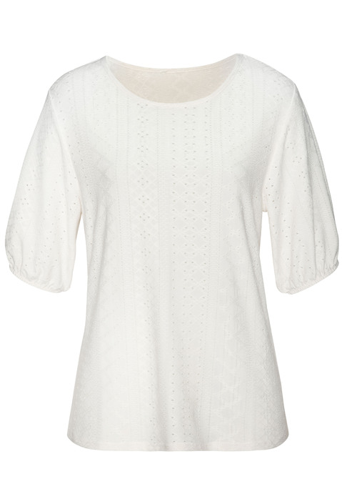 Bild: Kurzarmshirt von Vivance: Rundhals-T-Shirt von Vivance im praktischen Doppelpack. Romantisches Jacquardmuster mit Lochstickerei. Halblange Puffärmel mit elastischem Saum. Leicht taillierte Passform. Pflegeleichtes, fließendes Material.