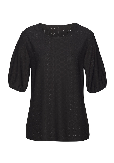 Bild: Kurzarmshirt von Vivance: Rundhals-T-Shirt von Vivance im praktischen Doppelpack. Romantisches Jacquardmuster mit Lochstickerei. Halblange Puffärmel mit elastischem Saum. Leicht taillierte Passform. Pflegeleichtes, fließendes Material.