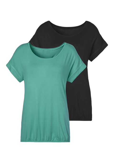 Bild: Kurzarmshirt von Vivance: Vivance T-Shirts im 2er-Pack. Mit breitem Beleg am Ärmelsaum. Gummizug am Bund für eine lässige Passform. Aus weicher Viskose-Elasthan-Qualität.