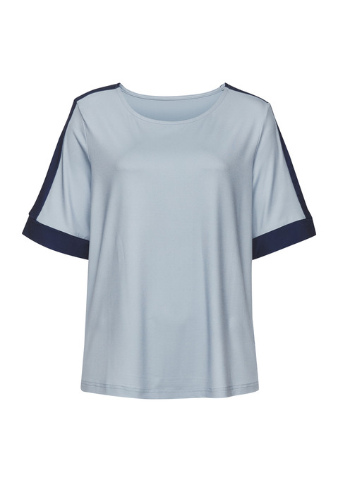 Bild: Kurzarmshirt von Vivance: Kurzarmshirt von Vivance mit Kontrastreifen entlang der Ärmel. Weiter Rundhalsausschnitt. Halblange Ärmel. Gerader Saum. Lockere Passform. Knitterarme, pflegeleichte Qualität.